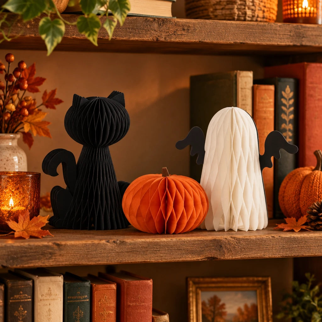 Honeycomb Pumpkin, Ghost, And Cat