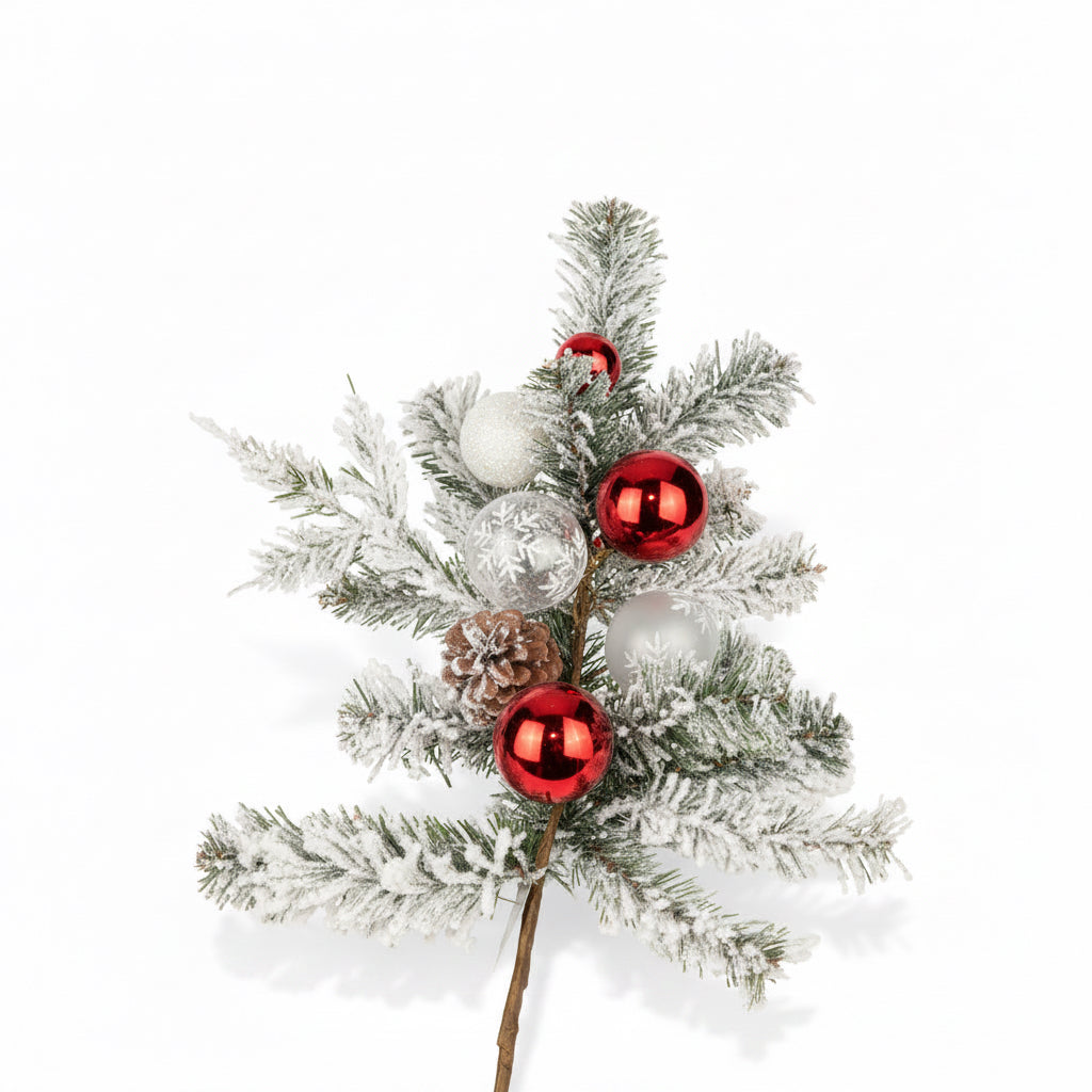 Christmas Flocked Branches With Red And Snowy Ornament Balls