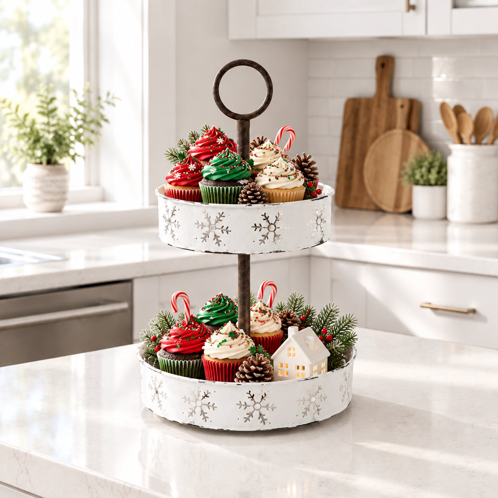 White Distressed Snowflake Laser Cut Two Tier Tray