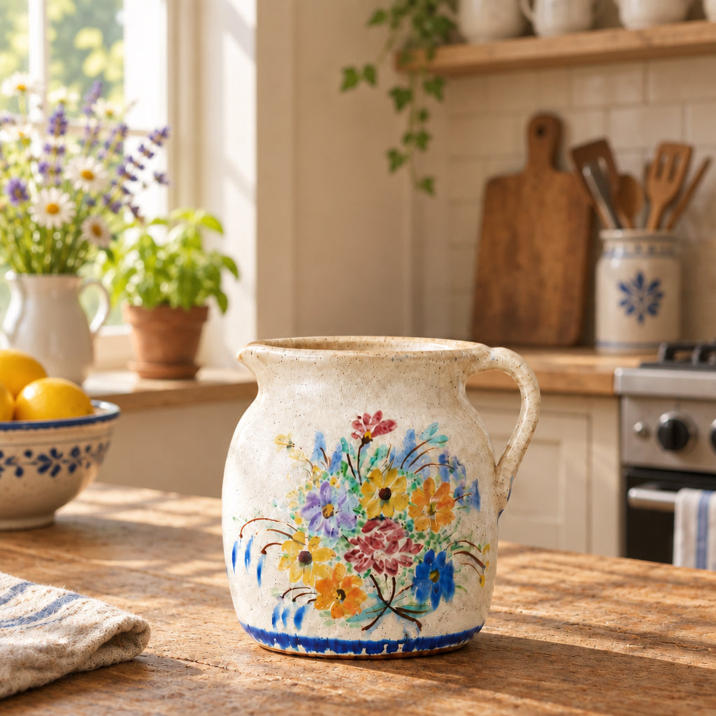 Decorative Terra- Cotta Pitcher With Flowers And Handle