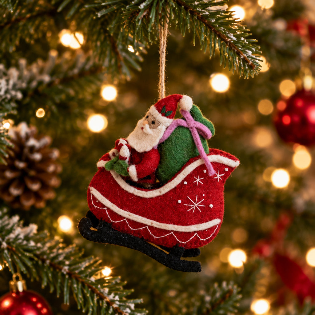 Wool Felt Santa In Sleigh Ornament