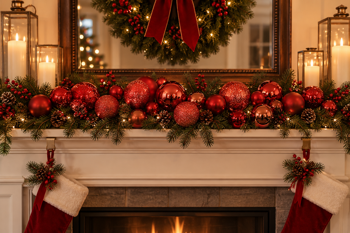 Red Glitter Matte And Shiny Christmas Ball Garland