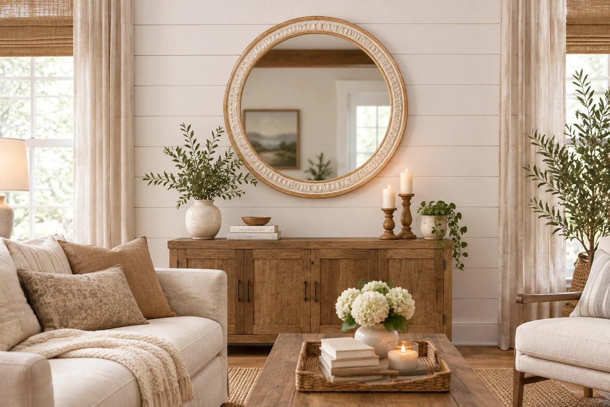 Solid Wood Round Farmhouse Wall Mirror