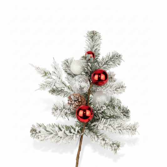 Christmas Flocked Branches With Red And Snowy Ornament Balls