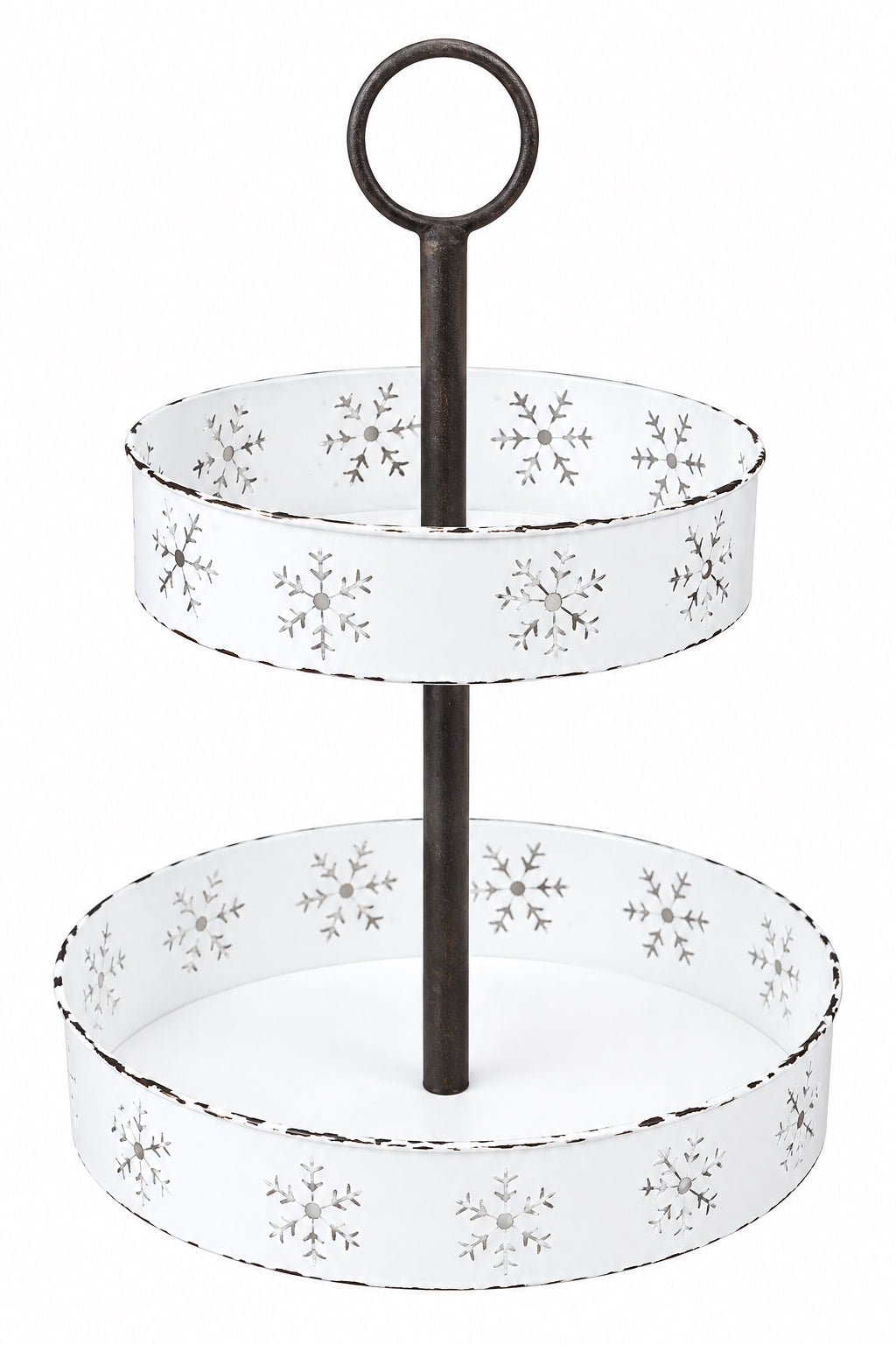 White Distressed Snowflake Laser Cut Two Tier Tray