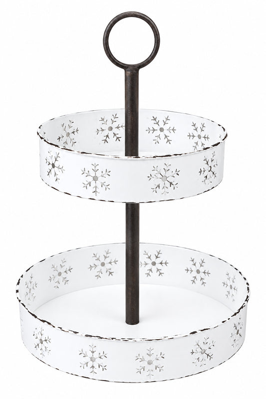 White Distressed Snowflake Laser Cut Two Tier Tray