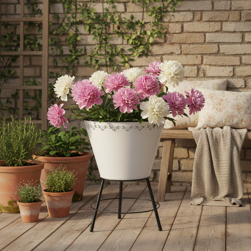 White Bucket Planter On Stand
