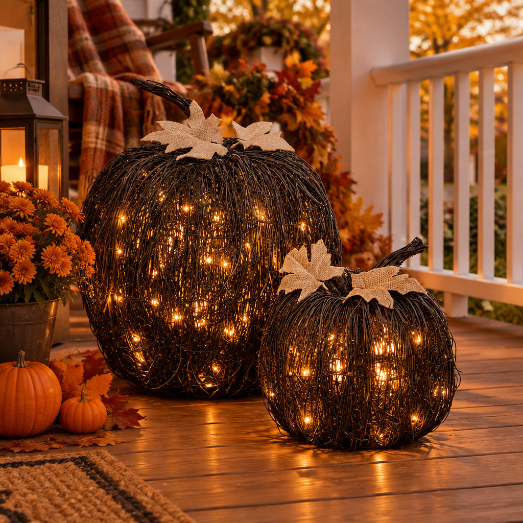 Black Vine Lighted Pumpkins Set Of Two