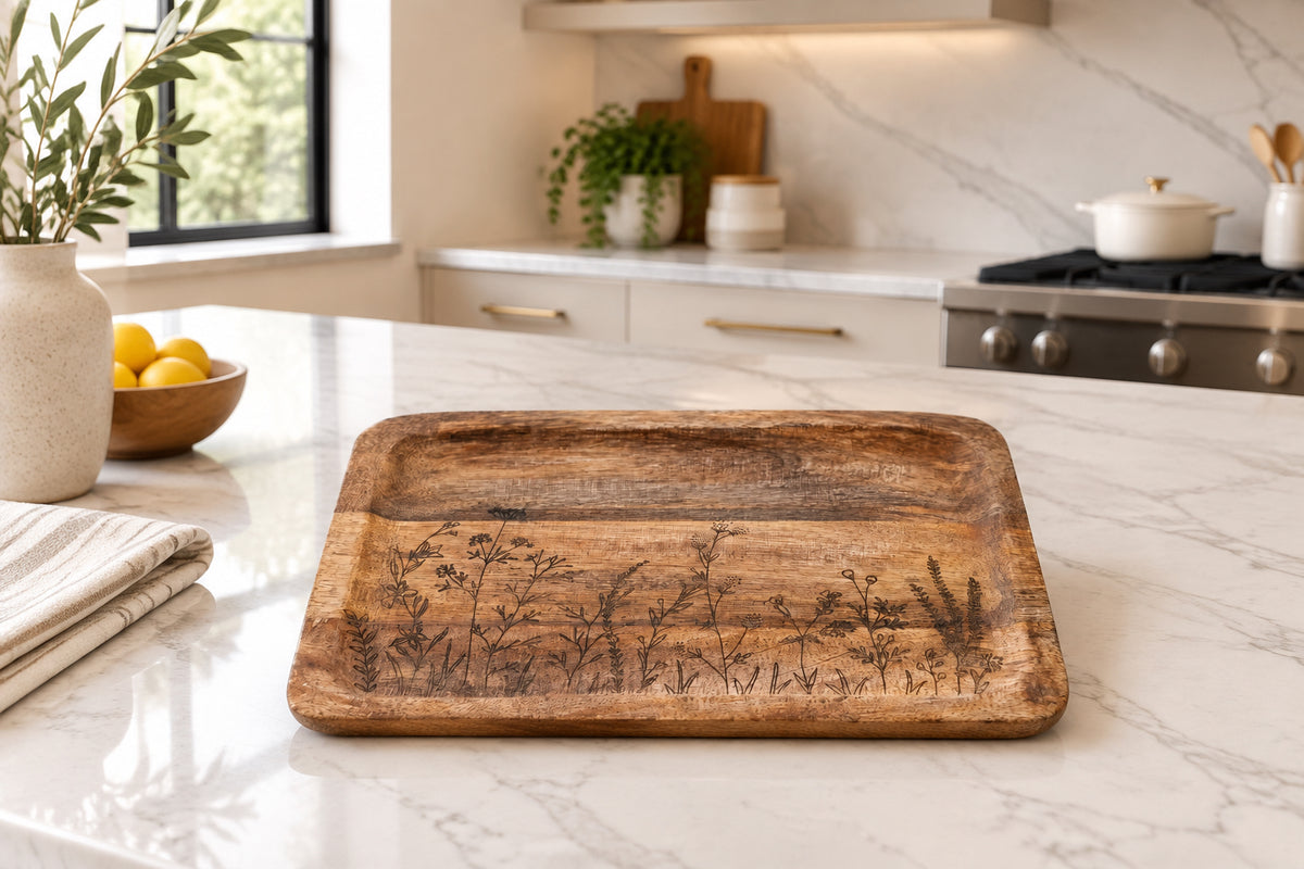 Mango Wood Tray With Laser Etched Botanicals
