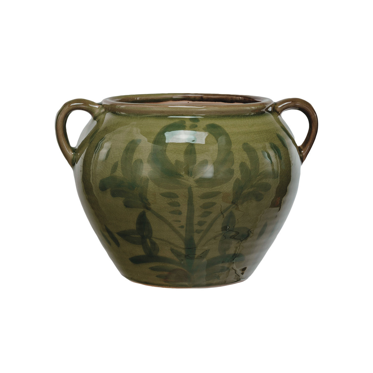 Hand Painted Green Terra Cotta Urn With Handles