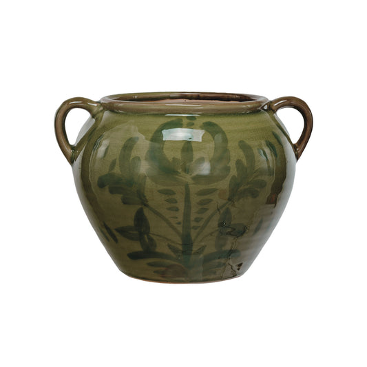 Hand Painted Green Terra Cotta Urn With Handles