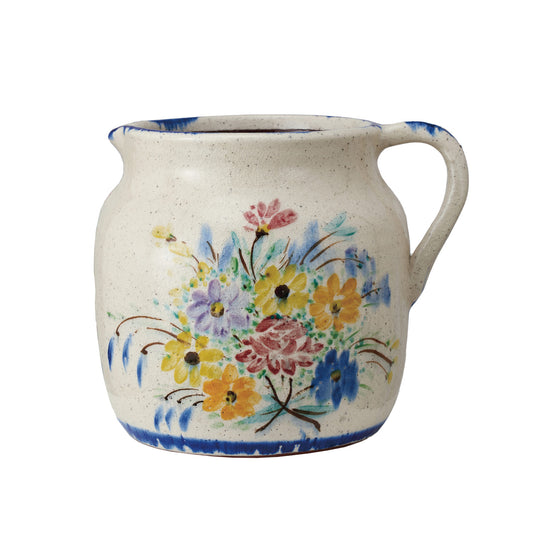 Decorative Terra- Cotta Pitcher With Flowers And Handle