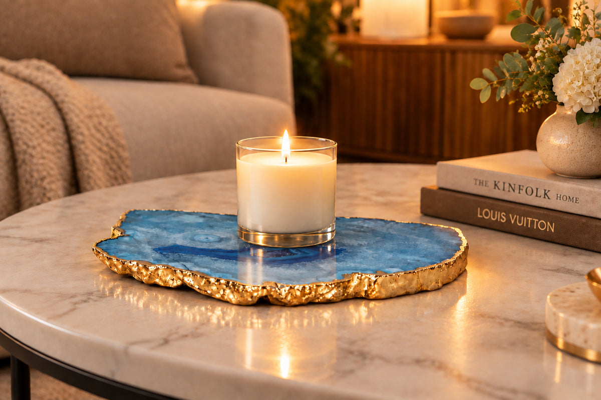 Blue Agate Slab With Gold Electroplated Edge