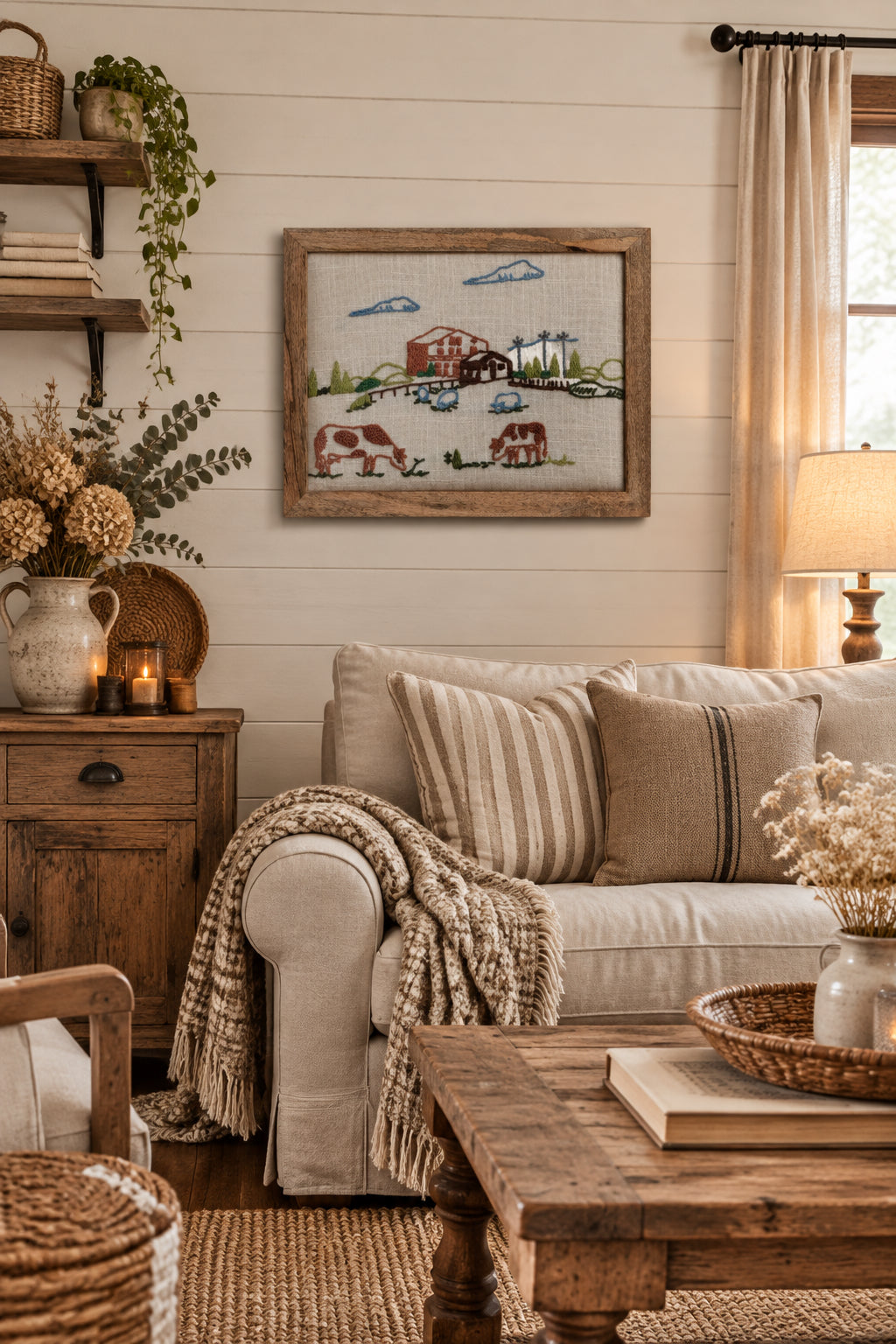 Mango Wood Framed Cotton Embroidered Wall Decor -Farm Animals
