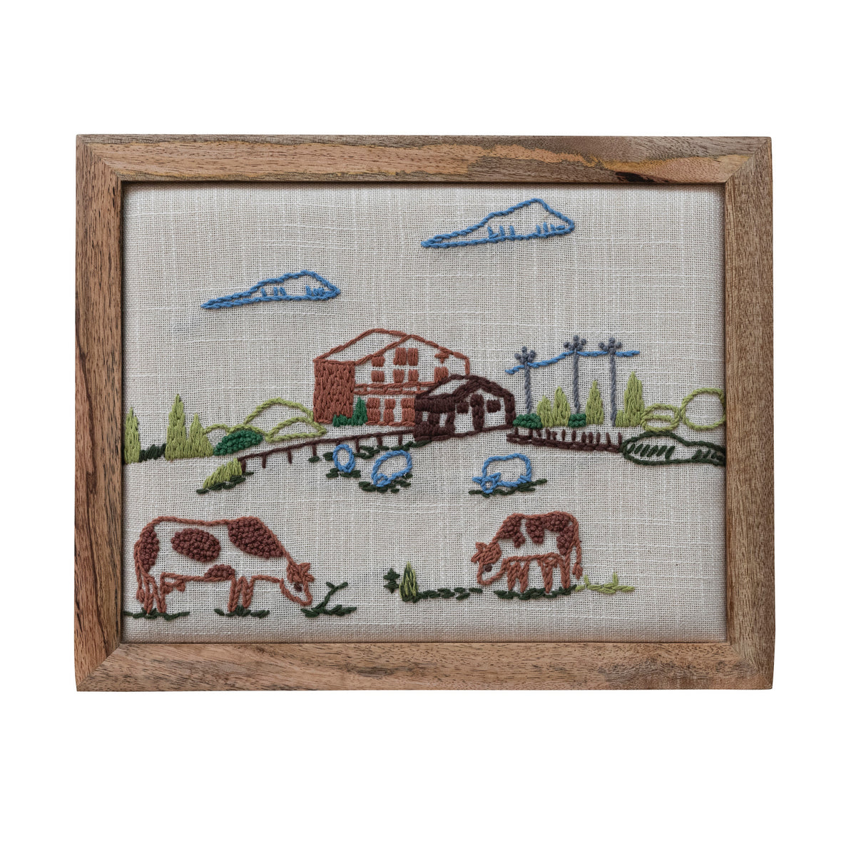 Mango Wood Framed Cotton Embroidered Wall Decor -Farm Animals