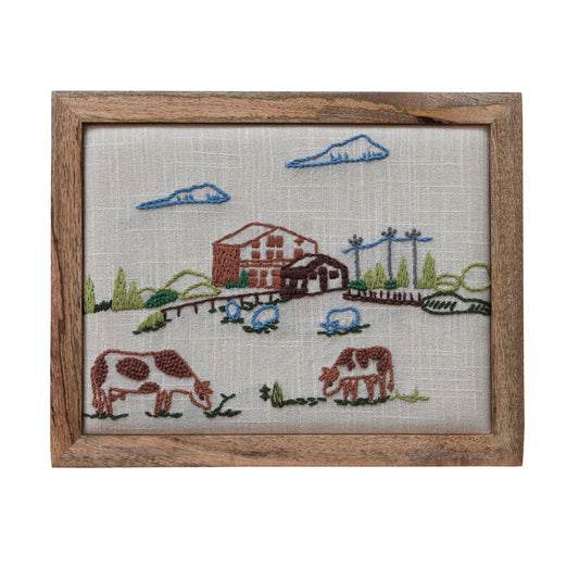 Mango Wood Framed Cotton Embroidered Wall Decor -Farm Animals