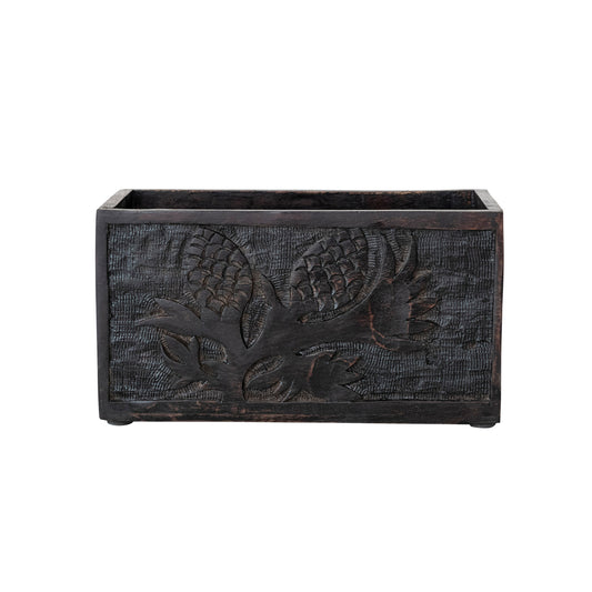 Hand Carved Mango Wood Crate With Pinecones And Handles