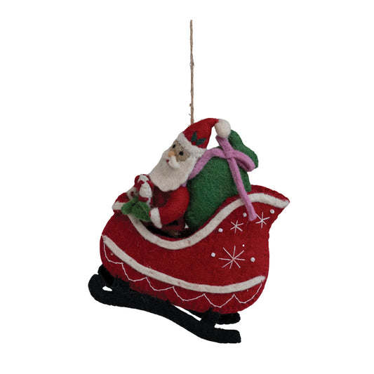 Wool Felt Santa In Sleigh Ornament